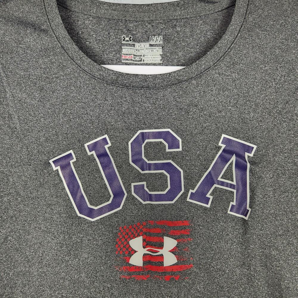 Under Armour Shirt Womens Large Gray USA Flag HeatGear Semi Fitted Athletic Logo